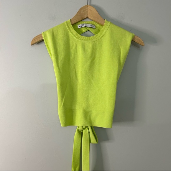 Zara Knit Open Back Tie Crop Top Yellow Green Blogger Favorite 3519/034/509 - Picture 3 of 7